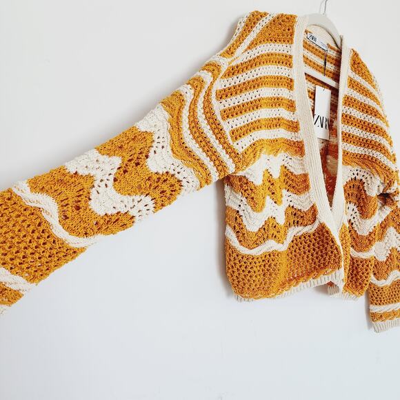 Zara Beige & Yellow Oversized Open Cardigan Knit Sweater Size Medium - Picture 5 of 9